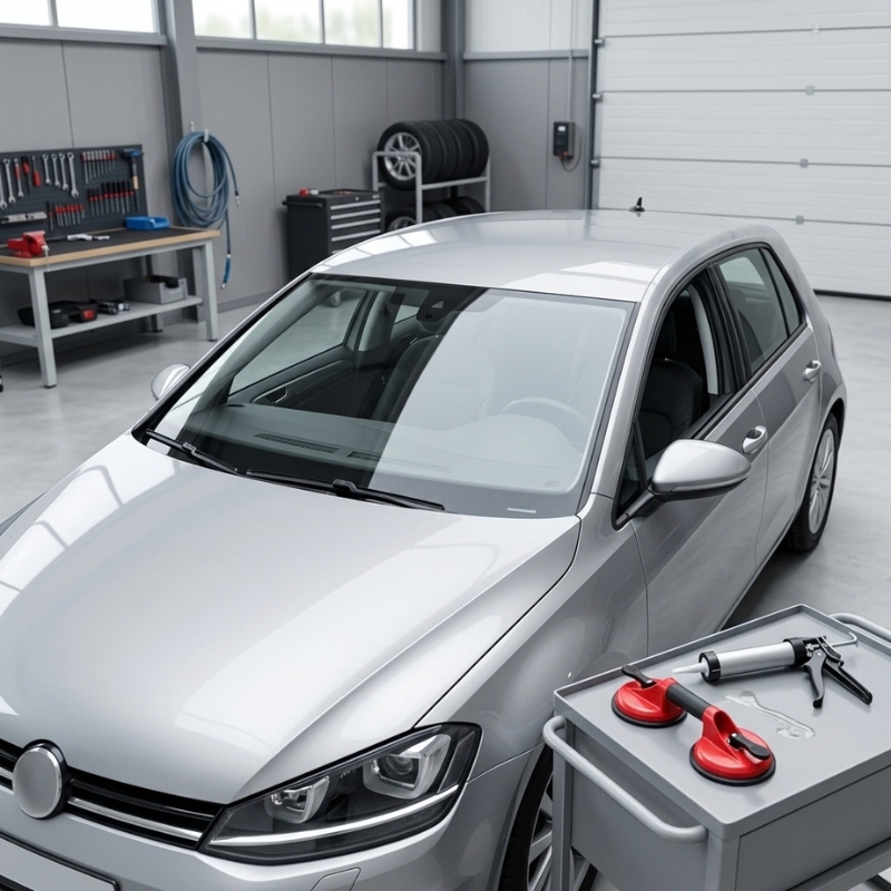 Windscreen replacement on a modern car with a newly fitted front windscreen