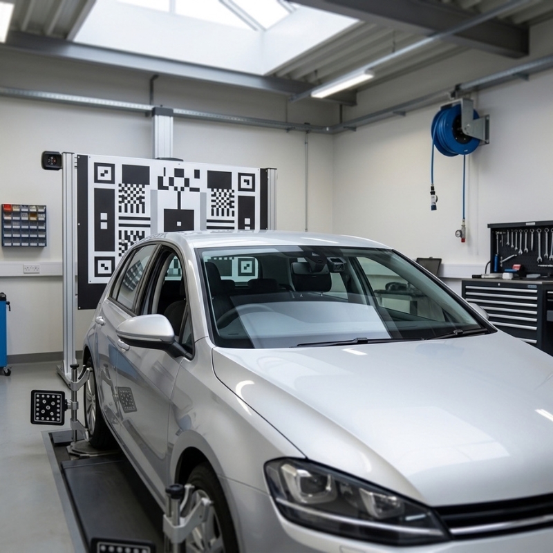 ADAS calibration camera behind a car windscreen with a calibration target in a workshop
