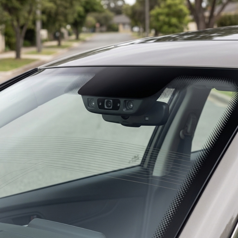 Modern windscreen showing laminated glass layers, sensors, camera housing and heating elements
