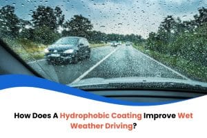 Car windshield with hydrophobic coating improves visibility in rainy weather, enhancing safety and driving experience.