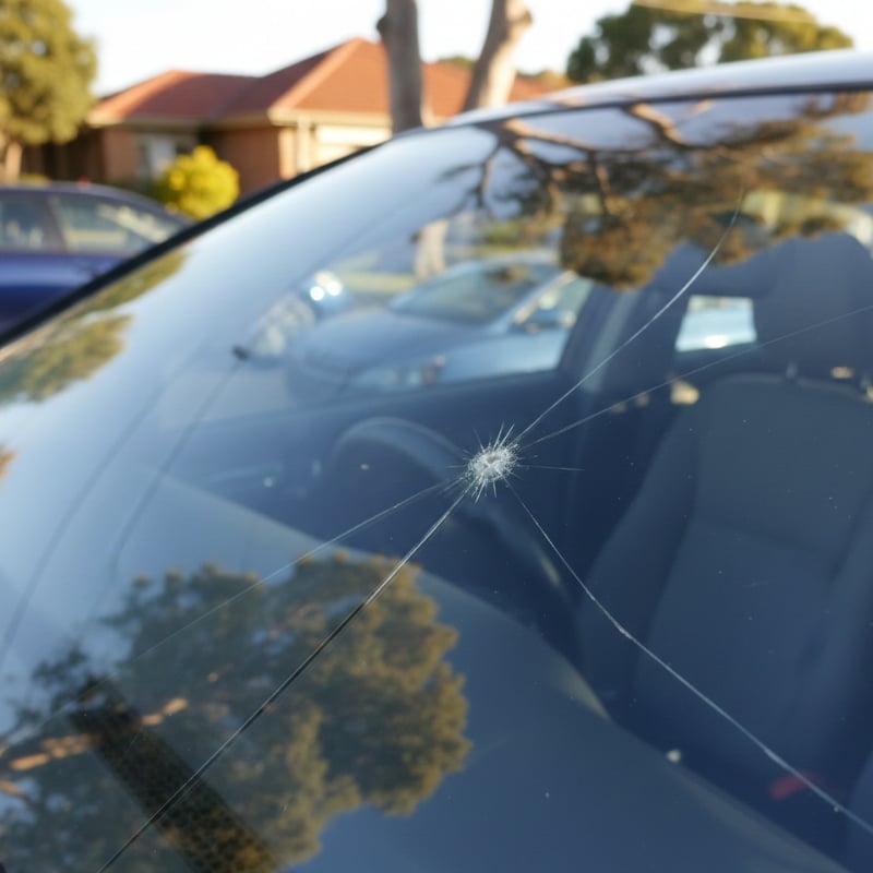 Windscreen replacement needed after stone chip causes star crack in car windscreen on a suburban Sydney street