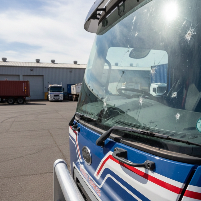 inspecting heavy vehicle windscreen for cracks in Sydney industrial area