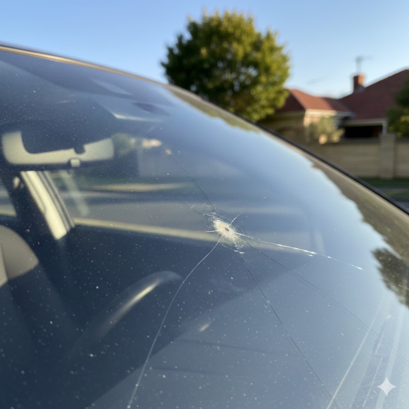 Stone chip and small crack in a car windscreen parked in Sydney sunlight