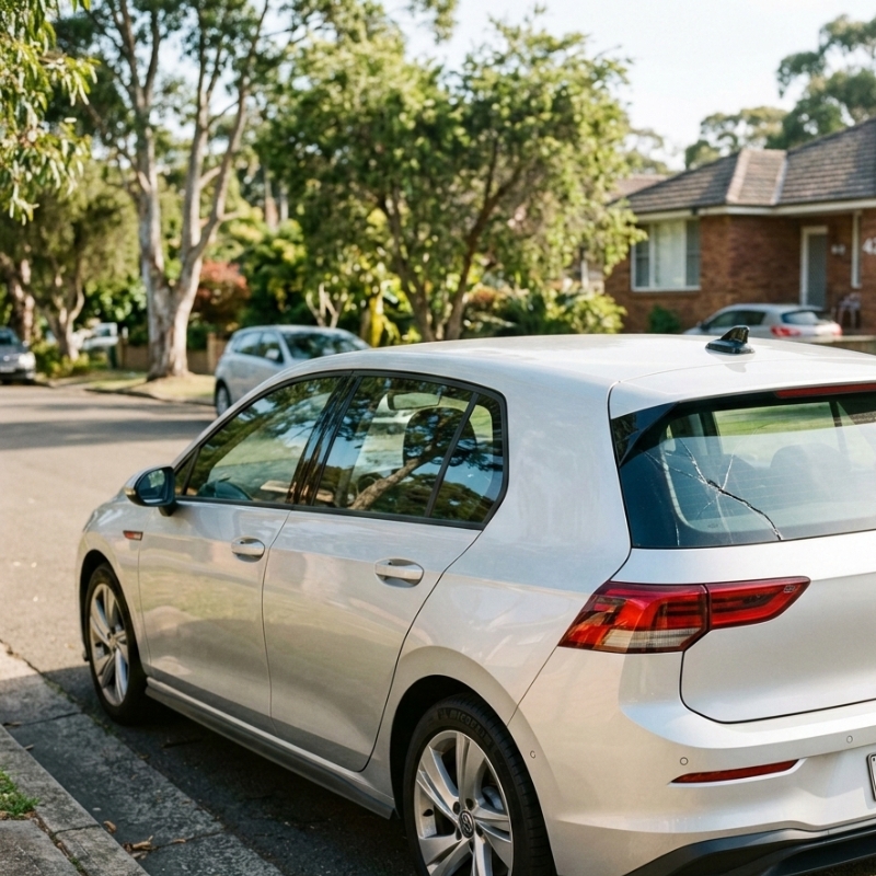 Rear car window crack starting at the edge on a hatchback in Sydney heat