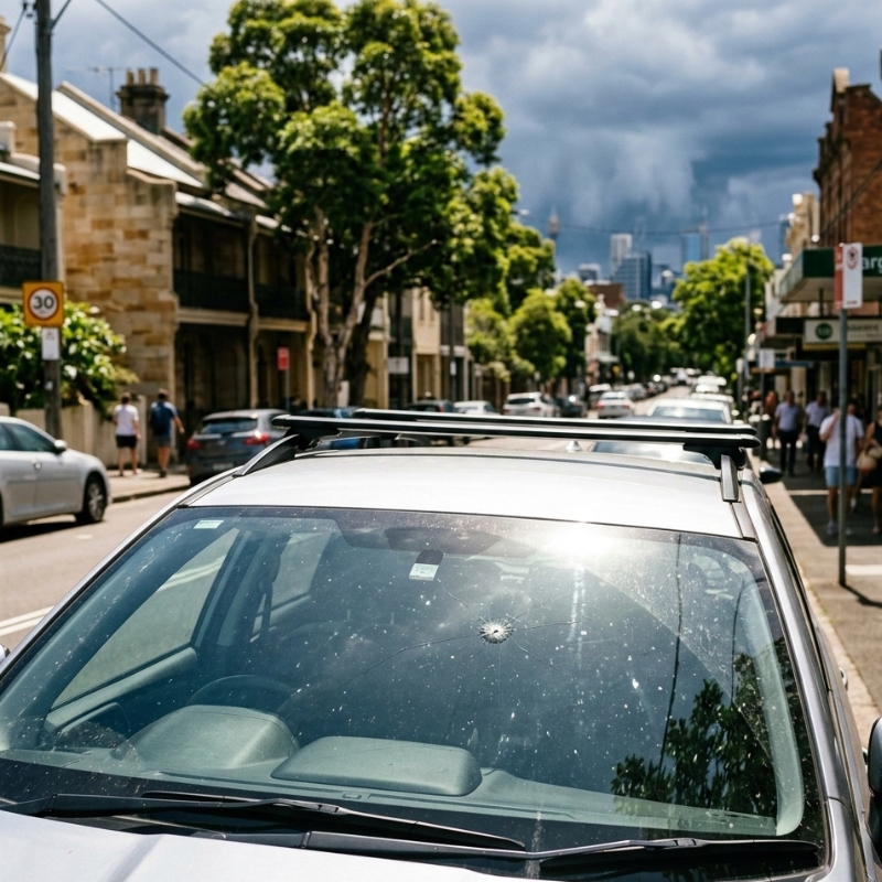 Small windscreen chip beginning to spread into a crack on a car parked in Sydney heat before a storm.