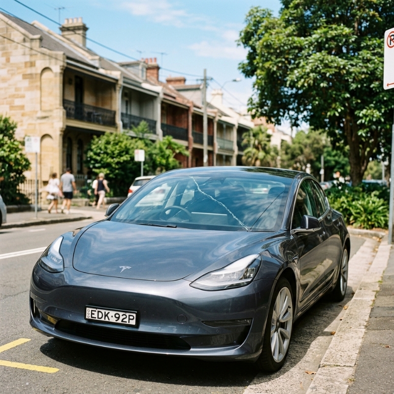 Car in Sydney with a cracked windscreen showing a long diagonal crack across the glass