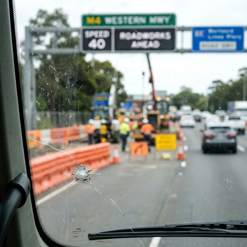 Truck windscreen stone chip near the edge starting to spread into a crack on a Sydney motorway route.