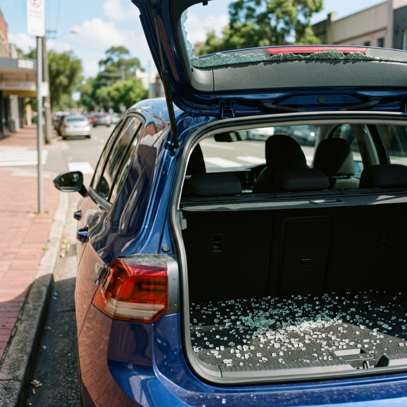 Shattered rear car window with small tempered glass fragments in the boot of a hatchback in Sydney.