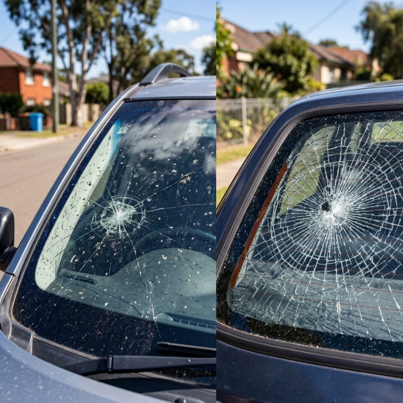 Comparison of front windscreen chip and rear window crack on a Sydney car