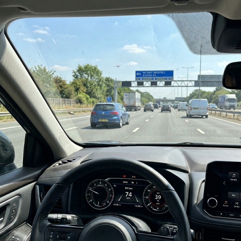 Windscreen crack repair needed for small chip visible on car windscreen while driving on a motorway.