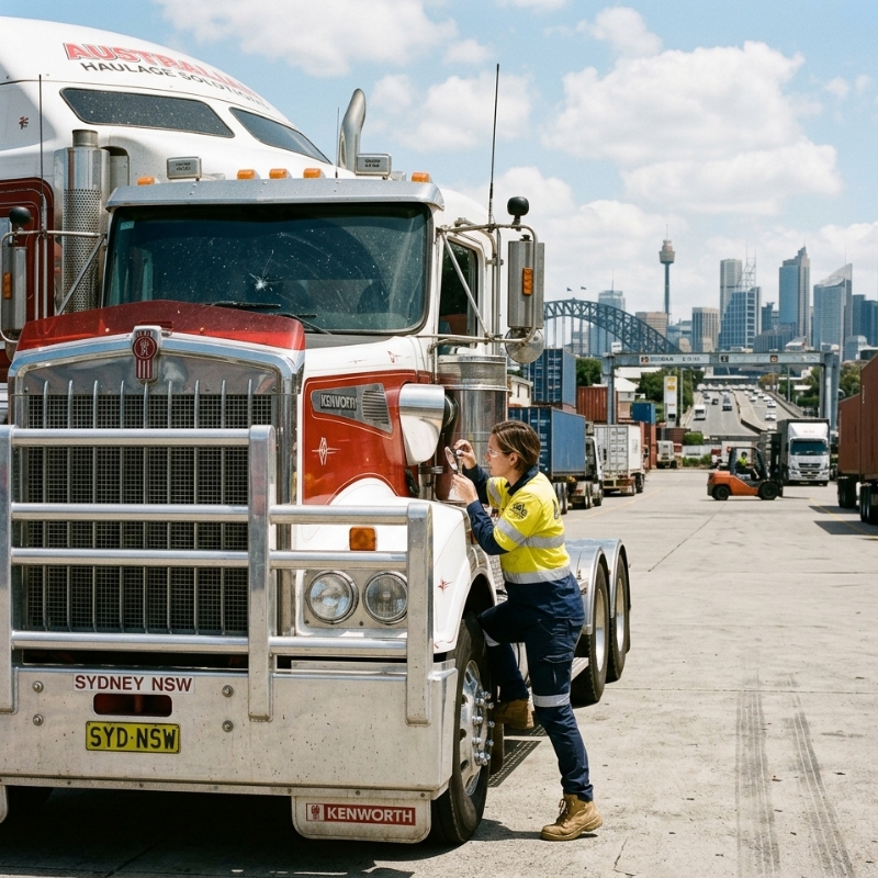 Technician inspecting windscreen chip on Sydney heavy-duty truck.
