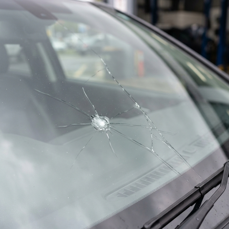 Small stone chip and fine crack spreading across a modern car windscreen, showing detailed laminated safety glass damage during a vehicle inspection in daylight.