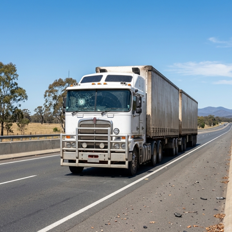 Heavy-duty freight truck travelling on an Australian motorway with a cracked windscreen, road debris visible on the highway and rugged transport conditions in a rural landscape.