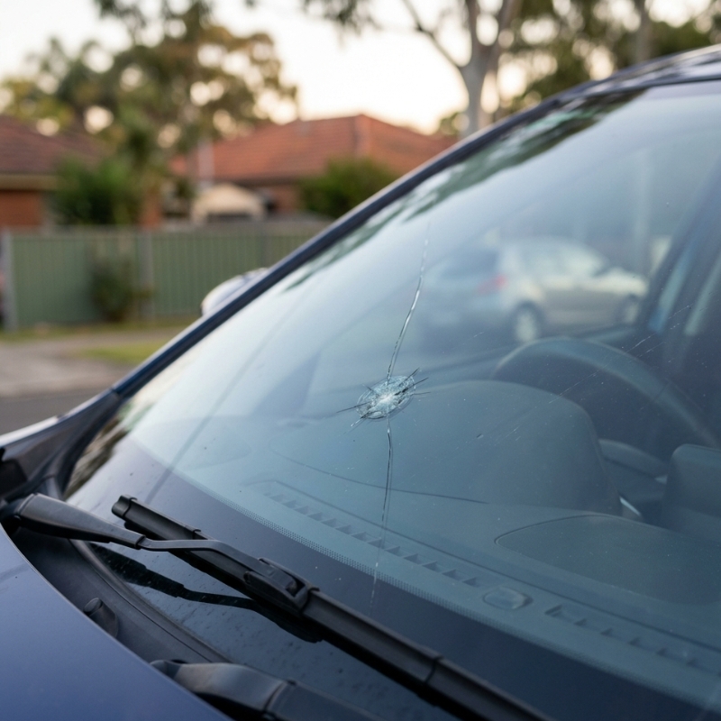 NSW vehicle windscreen with visible stone chip and crack outside the driver’s vision area, showing common damage assessed during a roadworthy inspection.