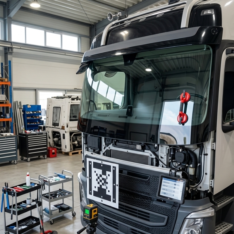 Modern heavy truck in a workshop during professional windscreen replacement with calibration equipment nearby.