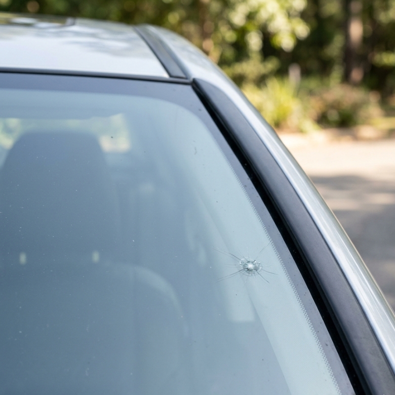 Close-up of a modern car windscreen showing a small stone chip before repair or replacement.