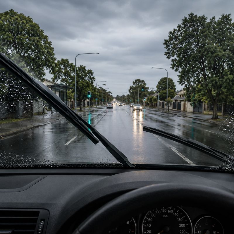 Clear windscreen view in the rain after fresh wiper blades have been fitted.