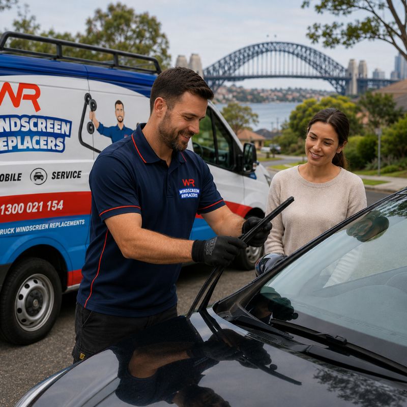 Windscreen Replacers technician fitting a new wiper blade to a customer's car during a mobile visit in Sydney