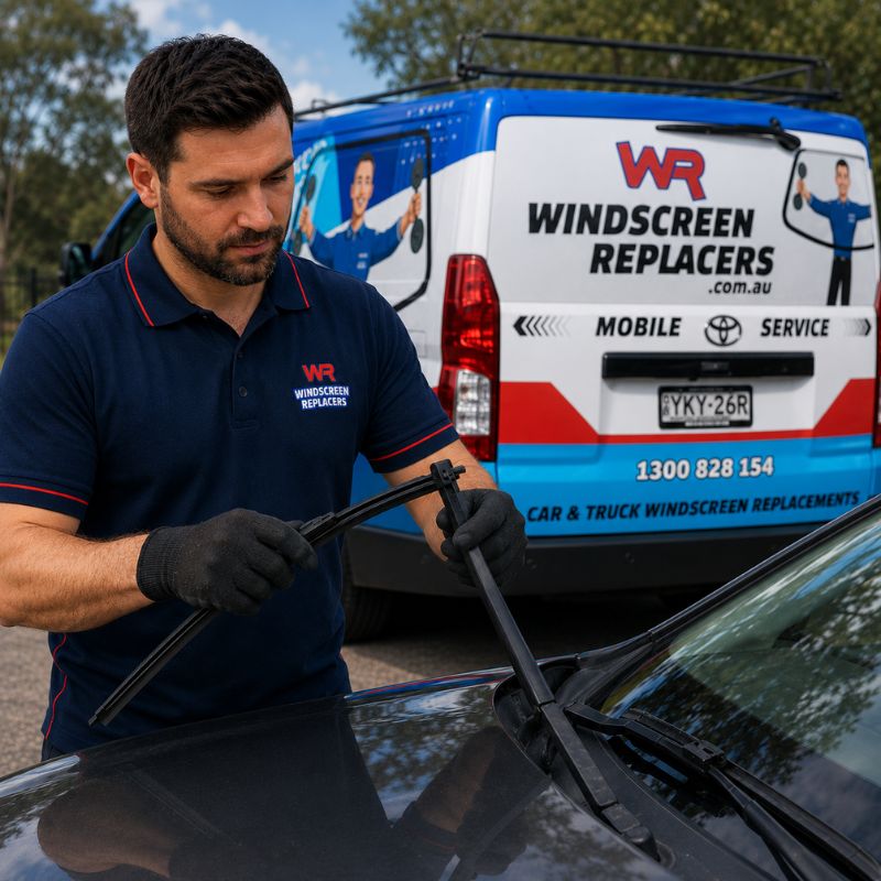 Technician matching the correct wiper blade size and connector to a vehicle's wiper arm