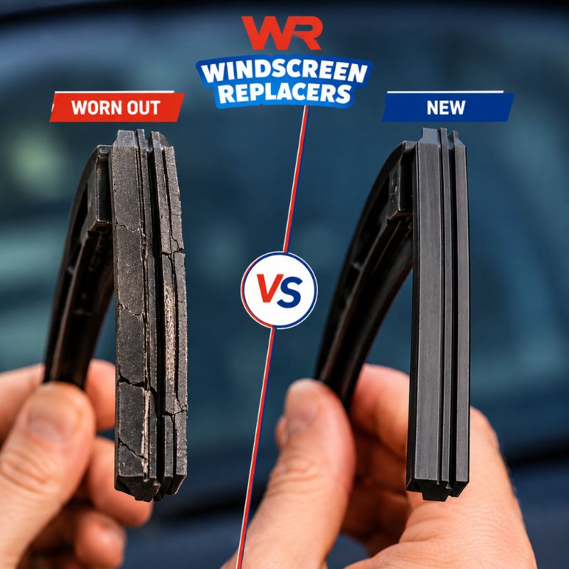Close-up comparing a worn, split wiper blade rubber against a fresh new blade