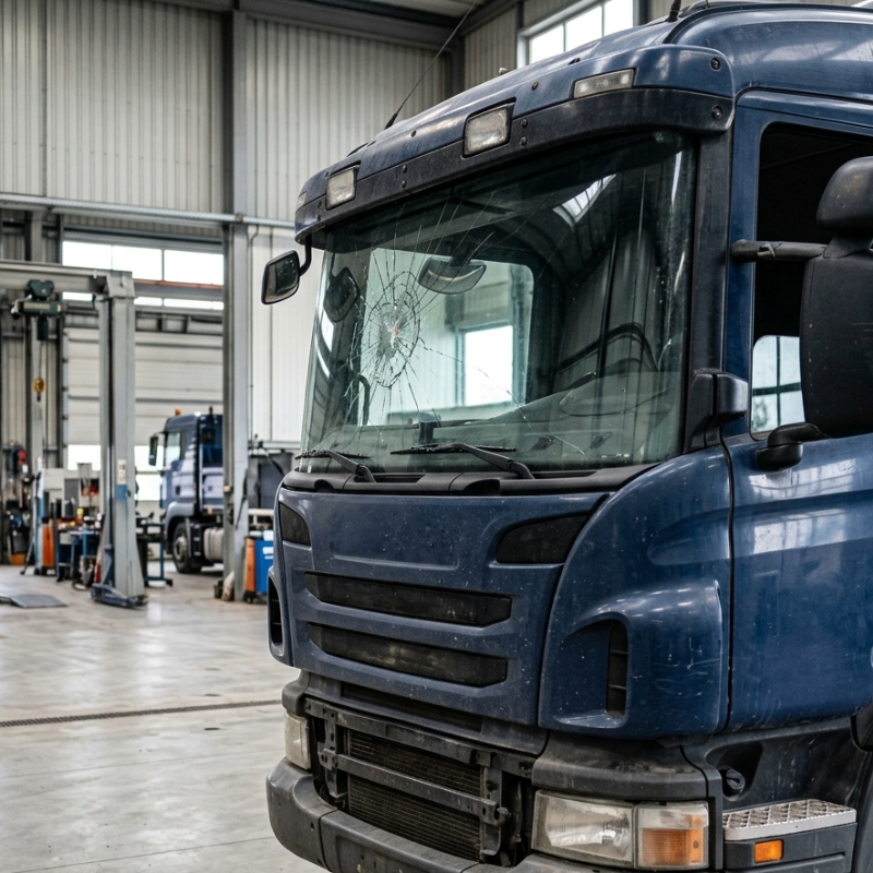 Cracked truck windscreen showing damage that requires replacement