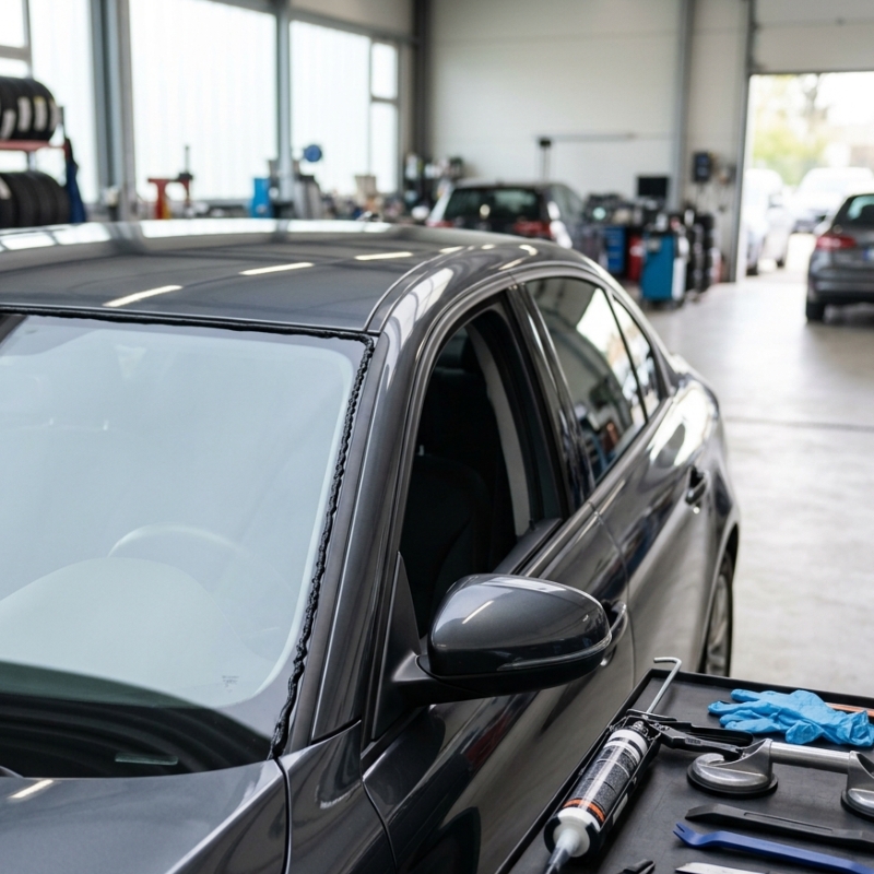 Professional windscreen replacement showing a securely fitted car windscreen in a clean workshop
