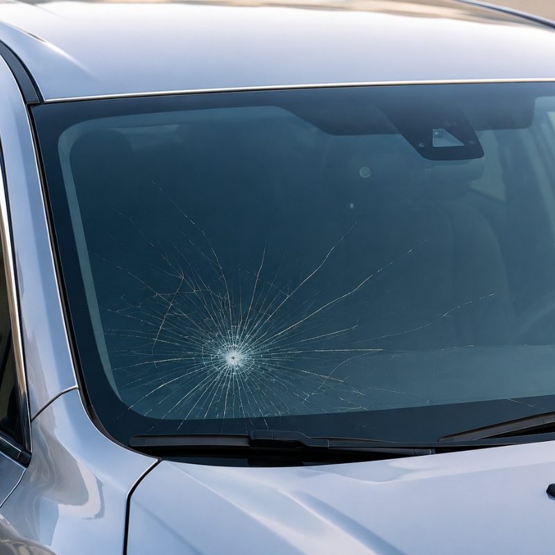 Shattered car windshield with spiderweb crack pattern requiring evaluation for windscreen replacement costs.